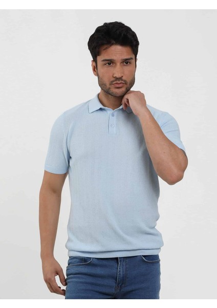 Buz Mavisi Erkek Slim Fit Balıksırtı Desenli Polo Yaka Kazak - 104566