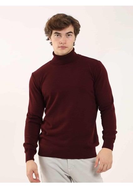 Bordo Erkek Slim Fit Tam Balıkçı Yaka Triko