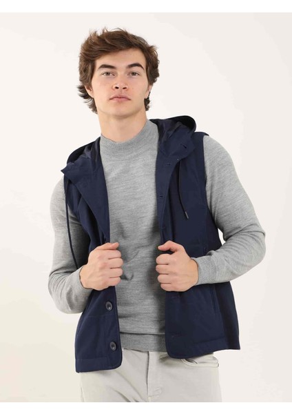 Lacivert Erkek Slim Fit Düz Casual Kapüşonlu Yelek Mont - 97125 fiyatları