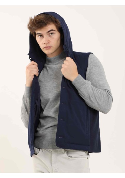 Lacivert Erkek Slim Fit Düz Casual Kapüşonlu Yelek Mont - 97125 modelleri