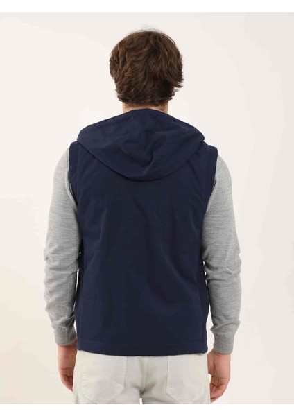 Lacivert Erkek Slim Fit Düz Casual Kapüşonlu Yelek Mont - 97125 fırsatları