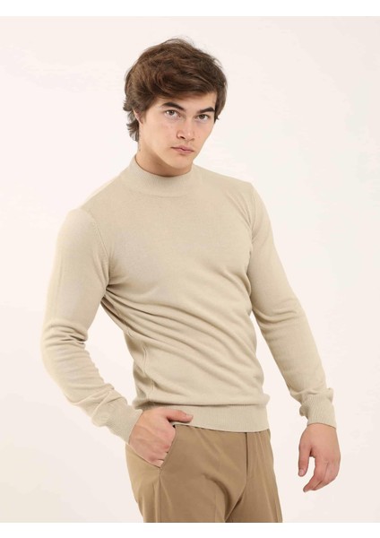 Bej Erkek Slim Fit Yarım Balıkçı Yaka Triko fiyatları