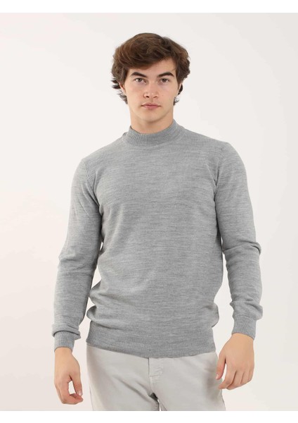 Gri Melanj Erkek Slim Fit Yarım Balıkçı Yaka Triko