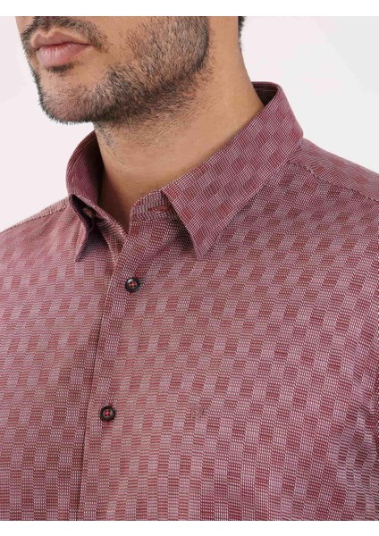 Bordo Erkek Regular Fit Desenli Düğmeli Yaka Uzun Kol Gömlek - 99219