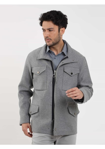Gri Erkek Regular Fit Düz Casual Dik Yaka Mont - 98155