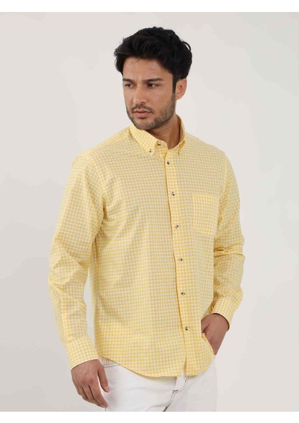 Sarı Erkek Regular Fit Kareli Brent Düğmeli Yaka Uzun Kol Gömlek - 102349