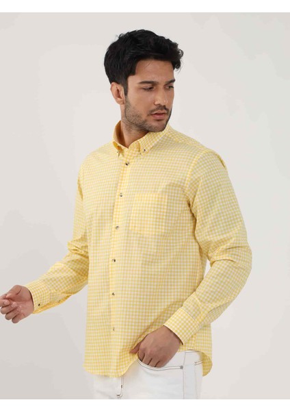 Sarı Erkek Regular Fit Kareli Brent Düğmeli Yaka Uzun Kol Gömlek - 102349 modelleri