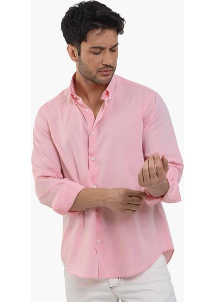 Açık Kırmızı Erkek Regular Fit Düz Brent Düğmeli Yaka Uzun Kol Gömlek - 102219 modelleri