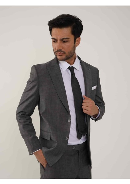 Koyu Gri Erkek Slim Fit Desenli Sivri Yaka Takım Elbise - 105138