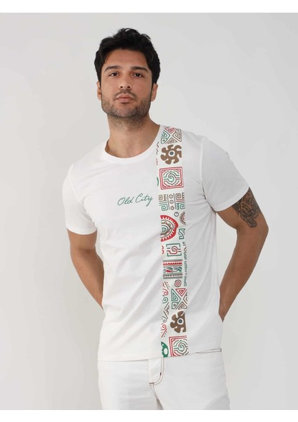 Ekru Erkek Slim Fit Desenli O Yaka Tshirt - 105309