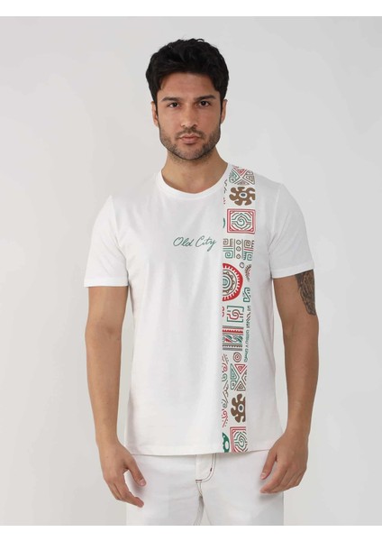 Ekru Erkek Slim Fit Desenli O Yaka Tshirt - 105309