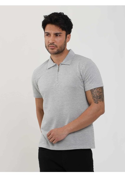 Gri Erkek Slim Fit Baklava Desenli Polo Yaka T-shirt