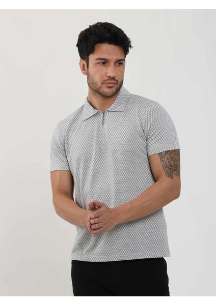 Gri Erkek Slim Fit Baklava Desenli Polo Yaka T-shirt modelleri
