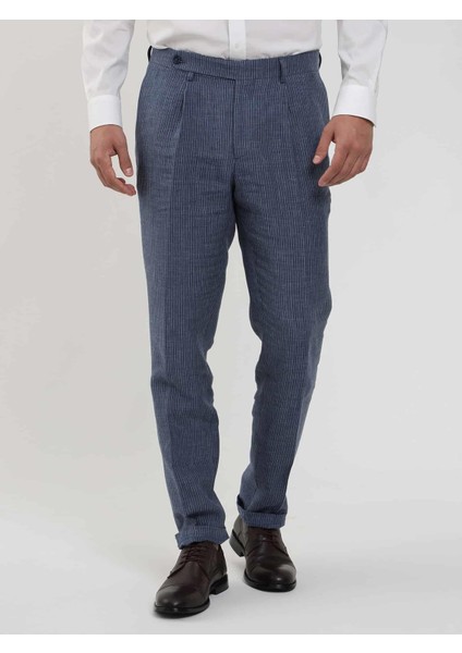 Indigo Erkek Slim Fit Çizgili Keten Pantolon - 104537
