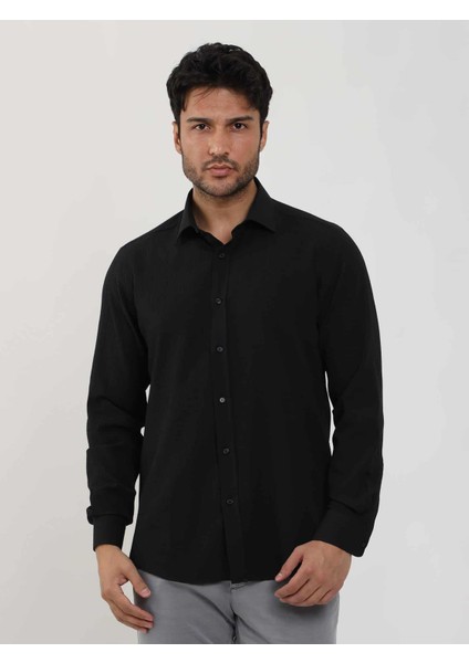 Siyah Erkek Slim Fit Gofre Desenli Brent Yaka Uzun Kol Gömlek - 104815