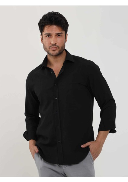 Siyah Erkek Slim Fit Gofre Desenli Brent Yaka Uzun Kol Gömlek - 104815 modelleri