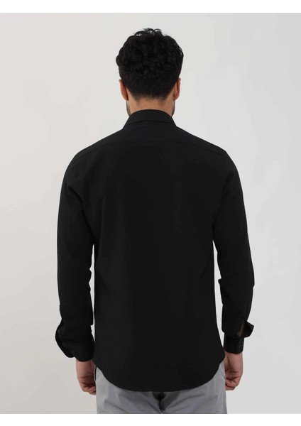 Siyah Erkek Slim Fit Gofre Desenli Brent Yaka Uzun Kol Gömlek - 104815 fırsatları