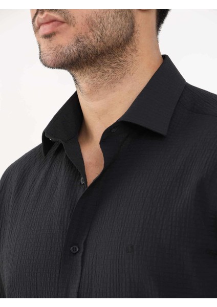 Siyah Erkek Slim Fit Gofre Desenli Brent Yaka Uzun Kol Gömlek - 104815 indirimleri