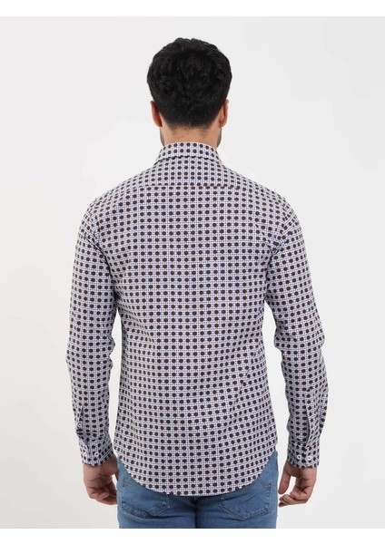 Kahverengi Erkek Slim Fit Puantiyeli Brent Düğmeli Yaka Uzun Kol Gömlek - 104359