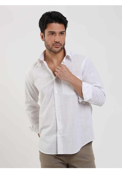 Bej Erkek Regular Fit Çizgili Brent Düğmeli Yaka Uzun Kol Gömlek - 104779