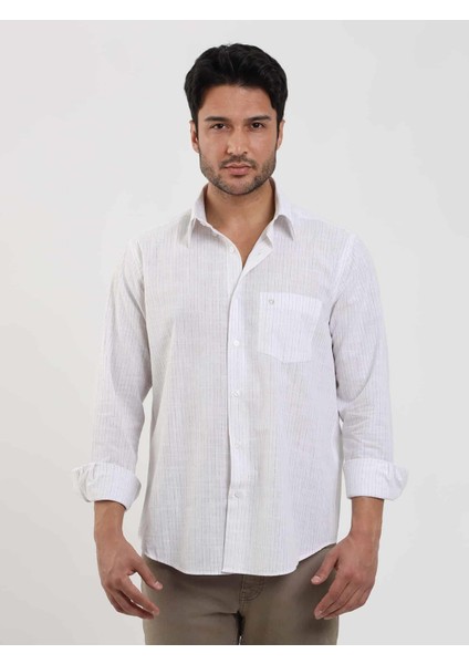 Bej Erkek Regular Fit Çizgili Brent Düğmeli Yaka Uzun Kol Gömlek - 104779 fiyatları
