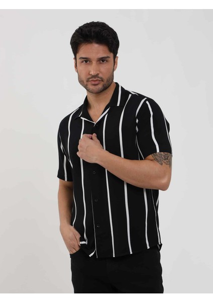 Siyah Erkek Regular Fit Çizgili Düğmeli Yaka Kısa Kol Gömlek - 94940 fiyatları