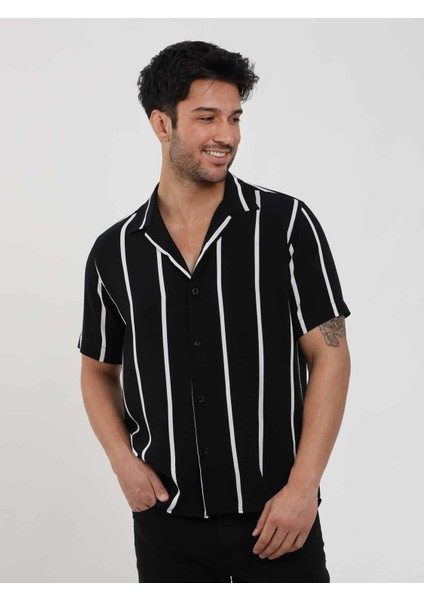 Siyah Erkek Regular Fit Çizgili Düğmeli Yaka Kısa Kol Gömlek - 94940 modelleri