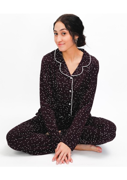 Kadın %100 Pamuk Yumuşak Organik Düğmeli Pijama Takımı - Mevsimlik Rahat Şık Tasarım 24658