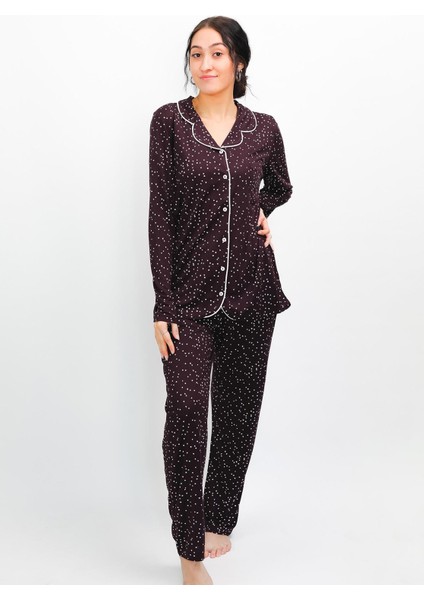 Kadın %100 Pamuk Yumuşak Organik Düğmeli Pijama Takımı - Mevsimlik Rahat Şık Tasarım 24658