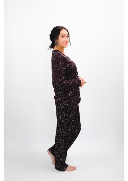 Kadın %100 Pamuk Yumuşak Organik Düğmeli Pijama Takımı - Mevsimlik Rahat Şık Tasarım 24658
