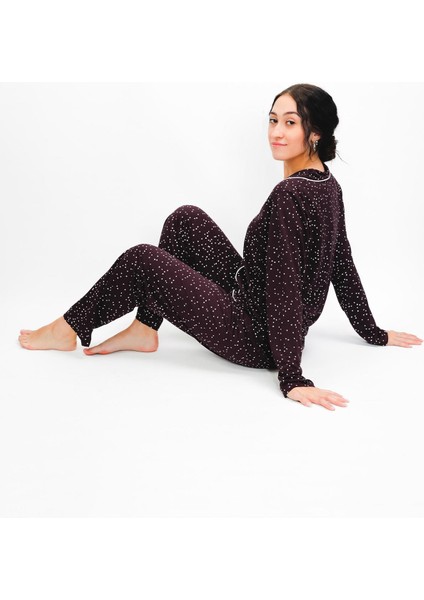 Kadın %100 Pamuk Yumuşak Organik Düğmeli Pijama Takımı - Mevsimlik Rahat Şık Tasarım 24658