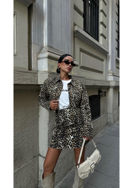 Leopar Desenli Kahve Kadın Mini Etek