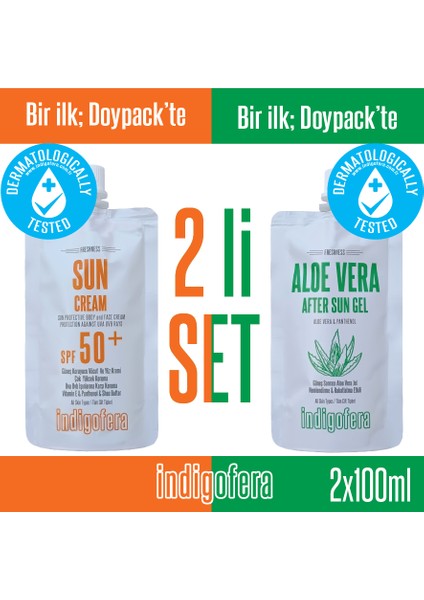 Indigofera Güneş Kremi Yüz ve Vücut 100 ml + Indigofera Aloe Vera After Sun Gel 100 ml 2'li Set