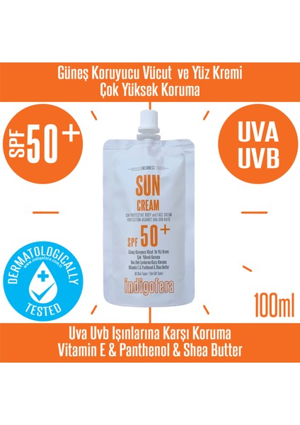 Indigofera Güneş Kremi Yüz ve Vücut 100 ml + Indigofera Aloe Vera After Sun Gel 100 ml 2'li Set