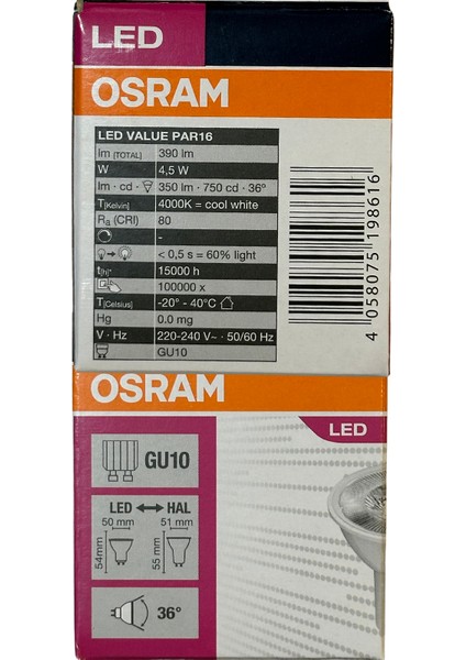 4.5W (50W) 4000K (Günışığı) GU10 Duylu PAR16 LED Spot (10 Adet)