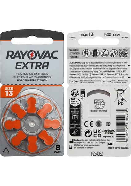 80 Adet Pil Rayovac Extra 13 Numara Işitme Cihazı Pili 10 Paket x 8 Adet = 80 Adet Pil + Hediye Mıknatıslı Işitme Cihazı Temizleme Fırçası