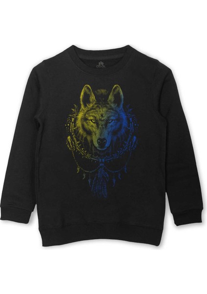 Bozkurt Kurt Kafası Wolf Sarı Lacivert Baskılı Çocuk Sweatshirt Siyah Sweat