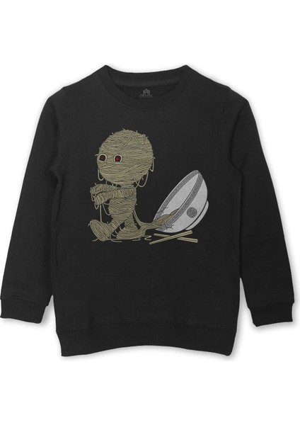 Noodle Mummy Mumya Totem Makarna Komik Baskılı Çocuk Sweatshirt Siyah Sweat