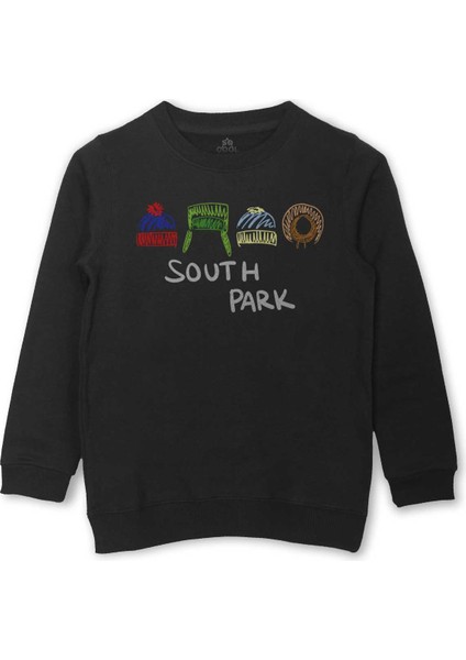 South Park Kenny Cartman Kyle Stan Çizgifilm Baskılı Çocuk Sweatshirt Siyah Sweat