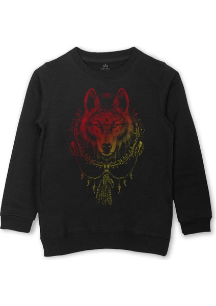 Bozkurt Kurt Kafası Wolf Sarı Kırmızı Baskılı Çocuk Sweatshirt Siyah Sweat
