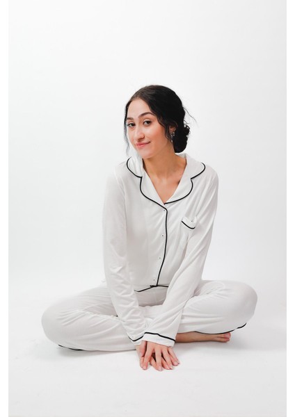 %100 Pamuk Yumuşak Organik Kumaş Düğmeli Pijama Takımı - Beyaz Mevsimlik Rahat Şık Tasarım 24637