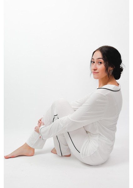 %100 Pamuk Yumuşak Organik Kumaş Düğmeli Pijama Takımı - Beyaz Mevsimlik Rahat Şık Tasarım 24637 fiyatları