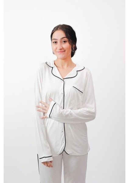 %100 Pamuk Yumuşak Organik Kumaş Düğmeli Pijama Takımı - Beyaz Mevsimlik Rahat Şık Tasarım 24637 modelleri