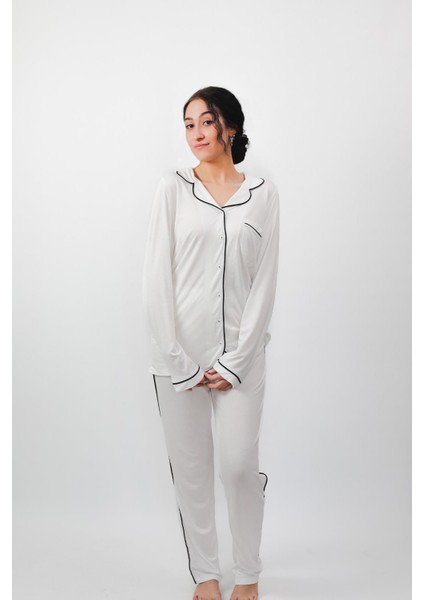 %100 Pamuk Yumuşak Organik Kumaş Düğmeli Pijama Takımı - Beyaz Mevsimlik Rahat Şık Tasarım 24637 fırsatları