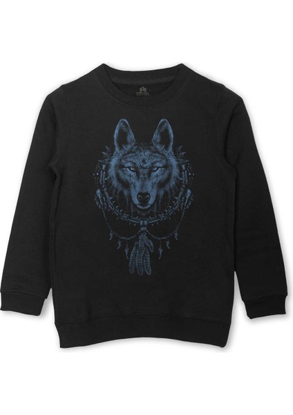 Bozkurt Kurt Kafası Wolf Mavi Baskılı Çocuk Sweatshirt Siyah Sweat