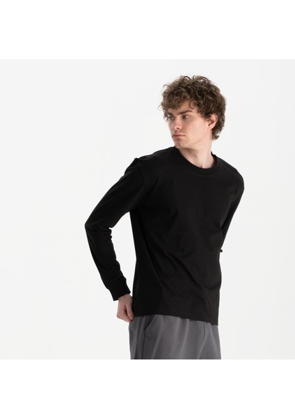 Erkek Siyah %100 Organik Pamuk Uzun Kollu Relax Fit Bisiklet Yaka T-Shirt