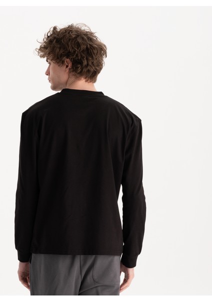 Erkek Siyah %100 Organik Pamuk Uzun Kollu Relax Fit Bisiklet Yaka T-Shirt