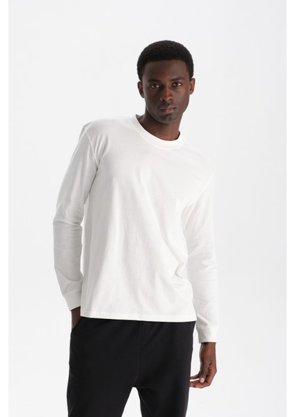 Erkek Beyaz %100 Organik Pamuk Uzun Kollu Relax Fit Bisiklet Yaka T-Shirt