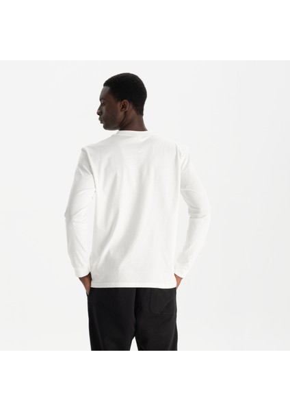Erkek Beyaz %100 Organik Pamuk Uzun Kollu Relax Fit Bisiklet Yaka T-Shirt