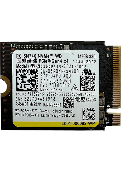 Wd SN740 512GB SSD M.2 2230 30MM Nvme Pcıe 4.0 Gen 4